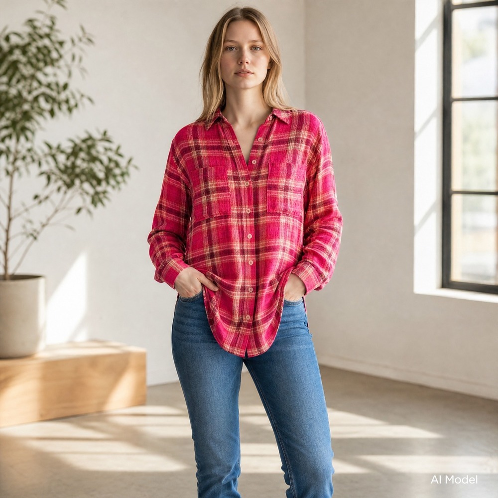 Pilcro Anthropologie Button Down Shirt Women XS Pink Plaid Textured Long Sleeve